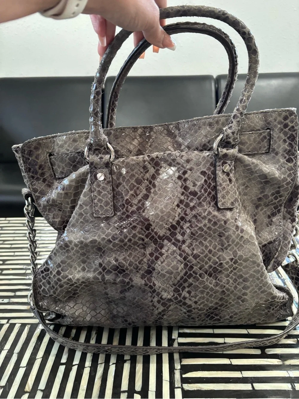 Authentic Michael Kors Gray Snakeskin-Embossed Satchel with Silver Hardware